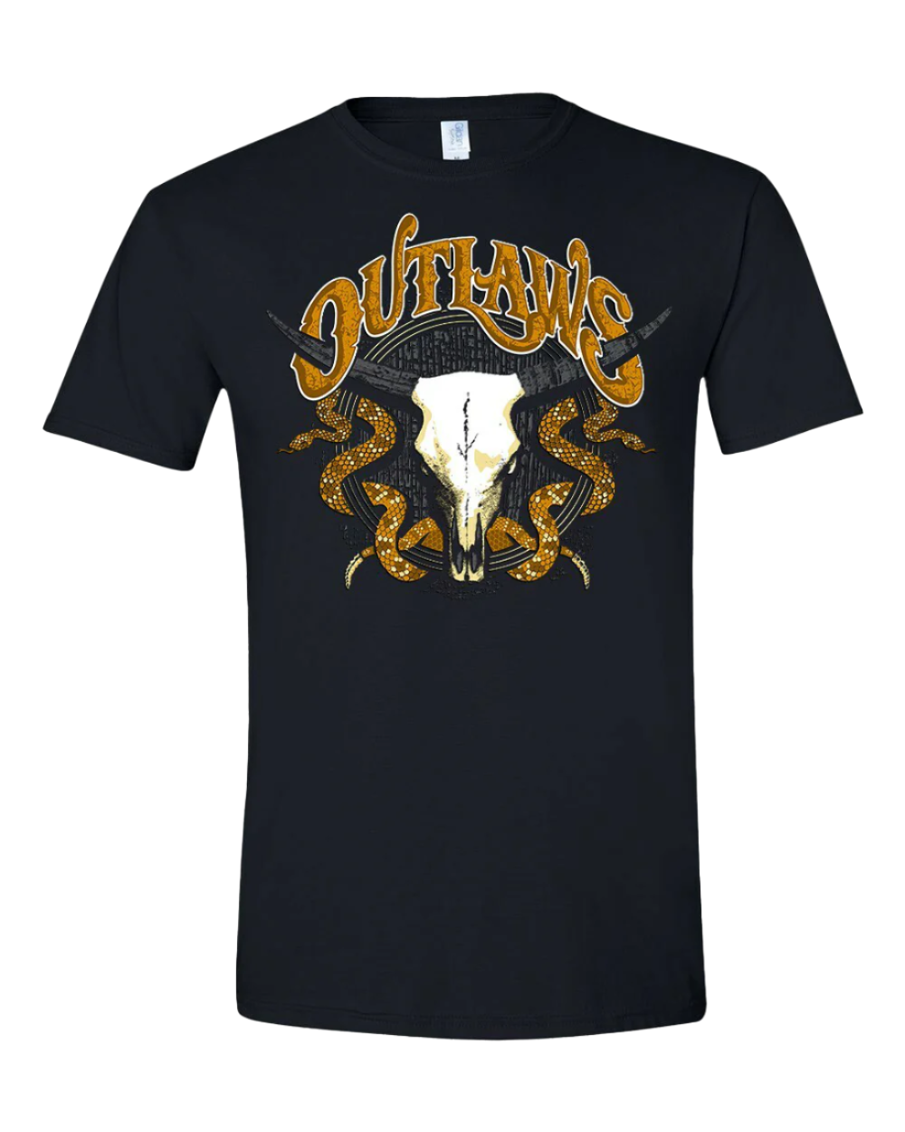 tee-black-"Outlaws" horned animal skull with rattle snakes 