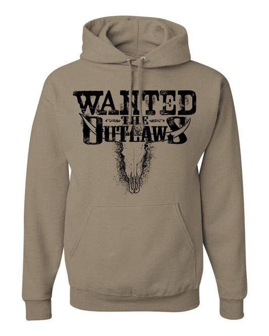 hoodie-tan-"wanted the outlaws" with horned animal skull